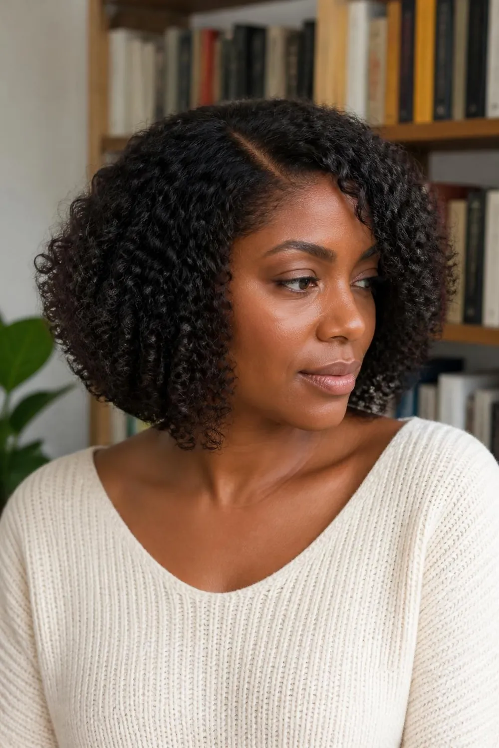 Chin-length curly bob on 3C and 4A natural hair with a side part