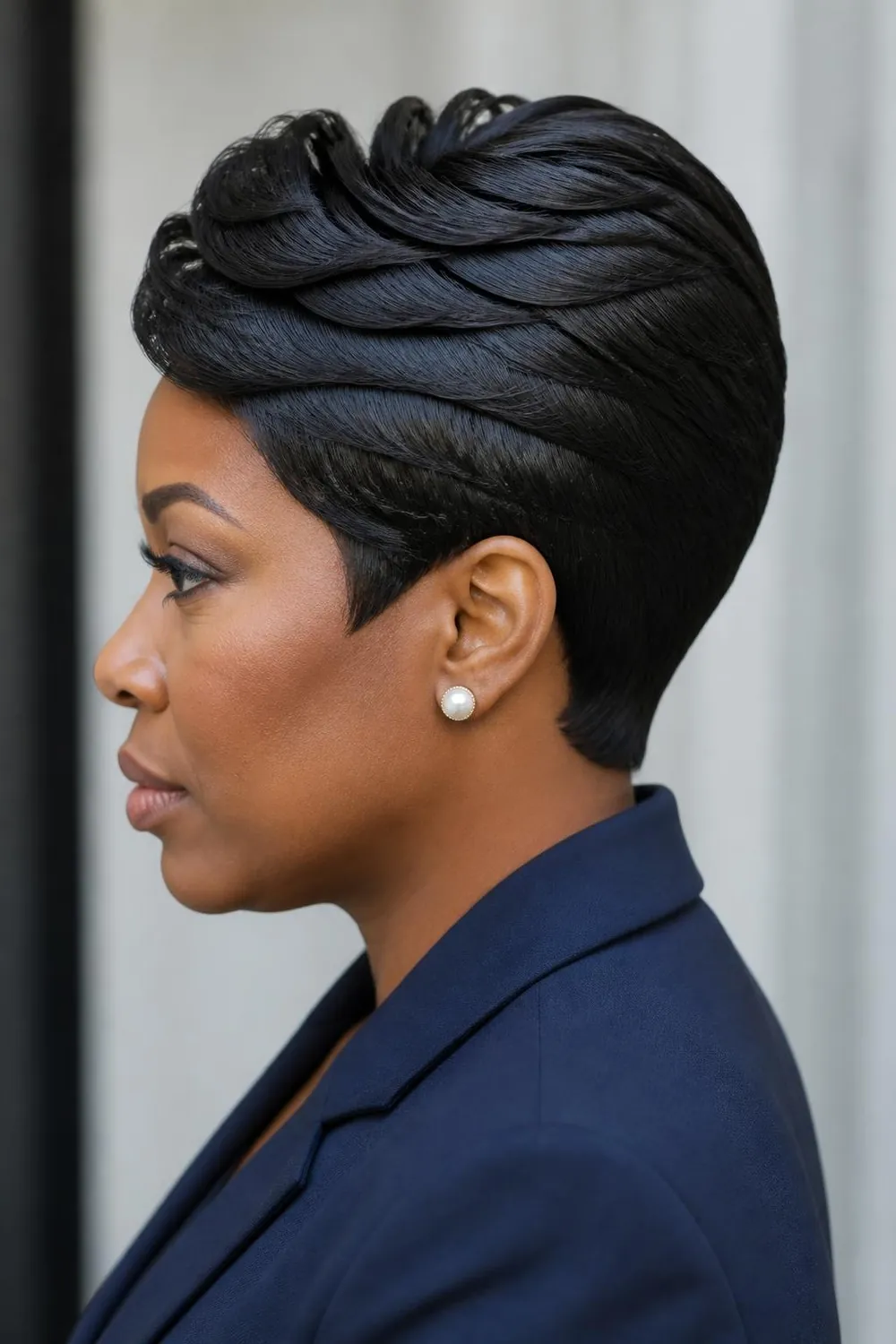Smooth wrapped relaxed pixie with sleek molded sides on a Black woman