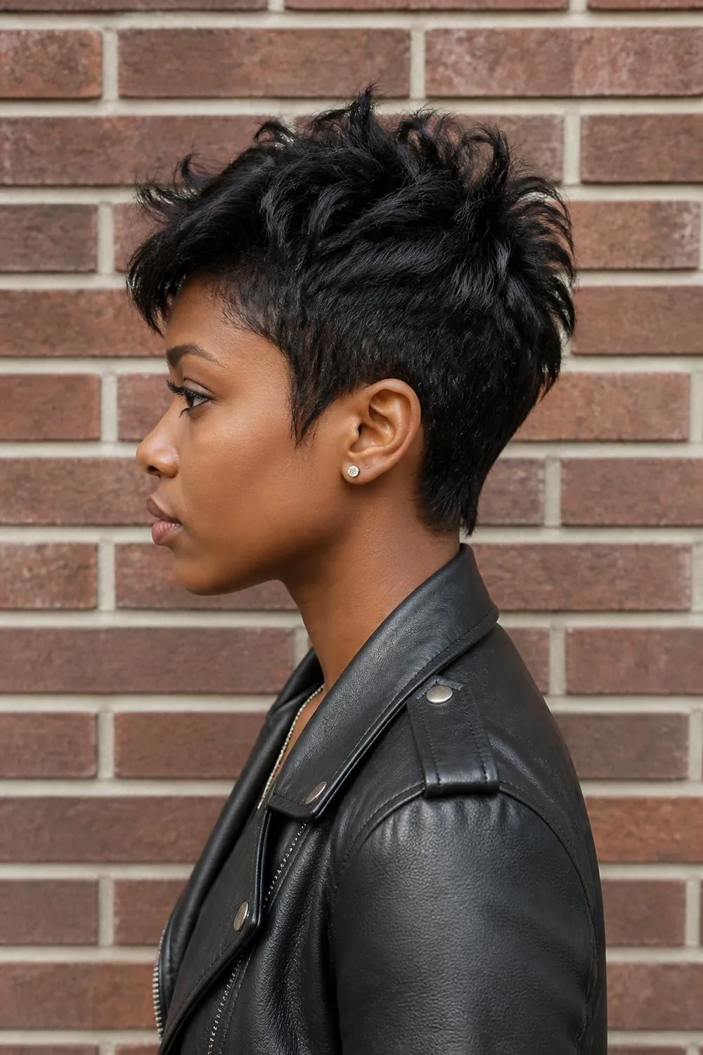 Choppy relaxed pixie with piecey spiked texture at the crown