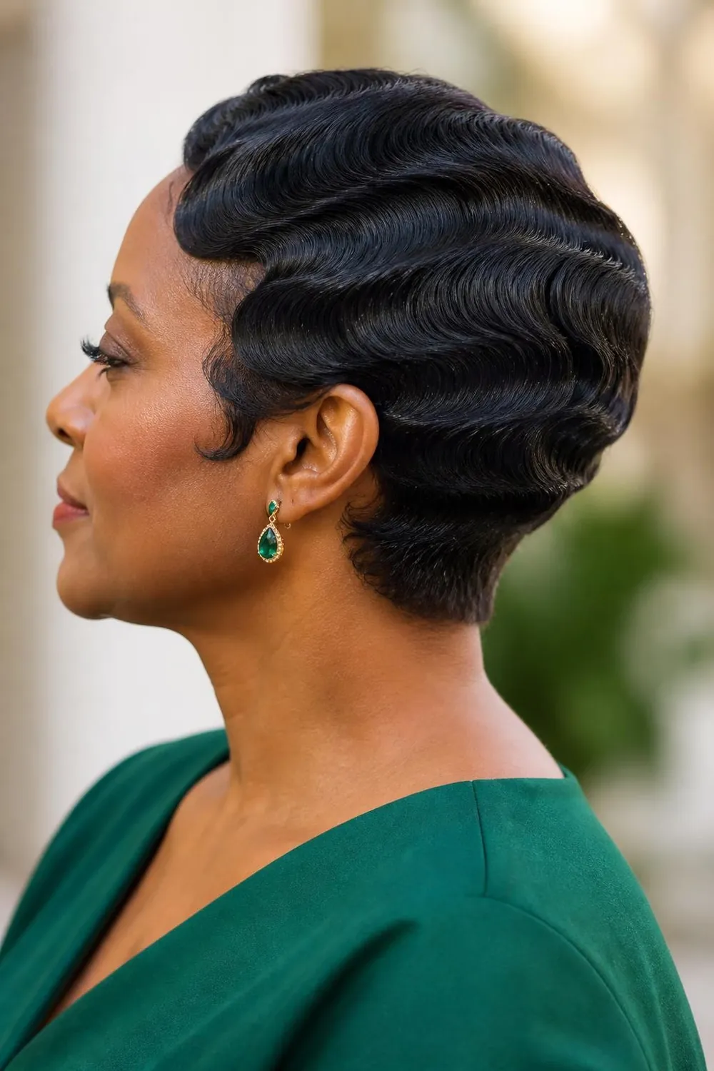 Glossy molded finger waves on a short relaxed cut with a tapered nape