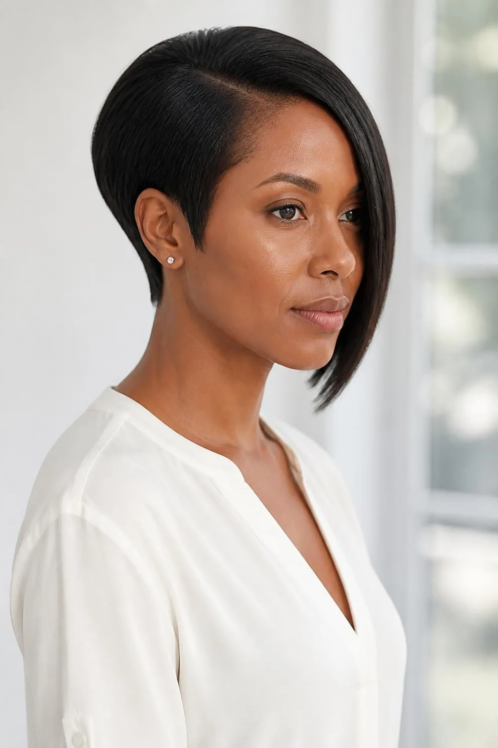 Asymmetrical short cut on relaxed hair, longer on one side with a tapered nape