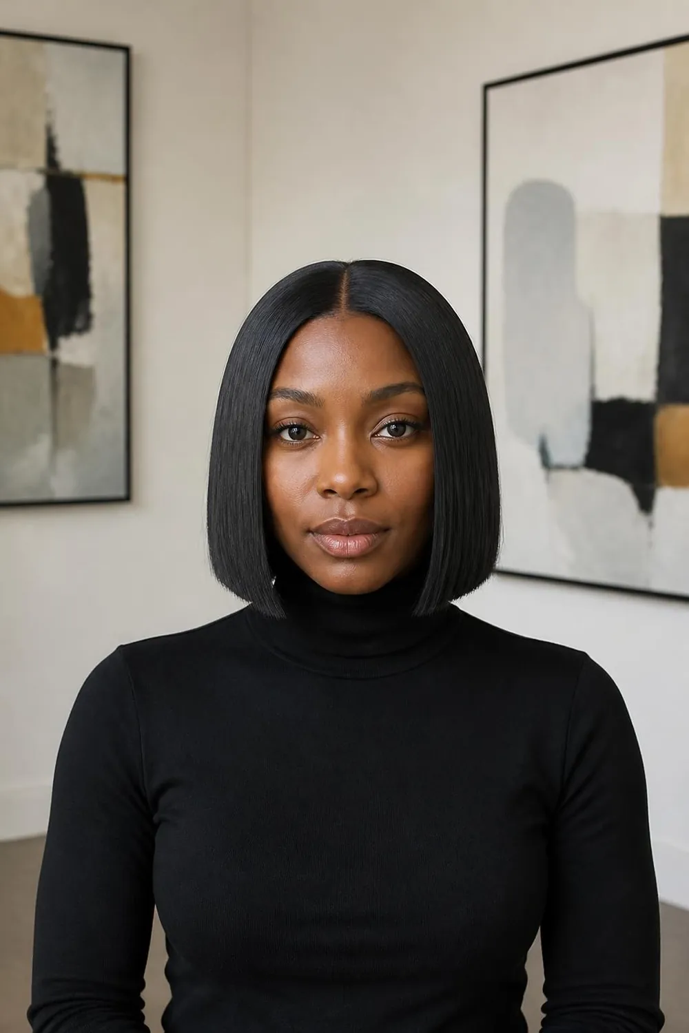 Sleek silk-pressed blunt bob at chin length on natural hair