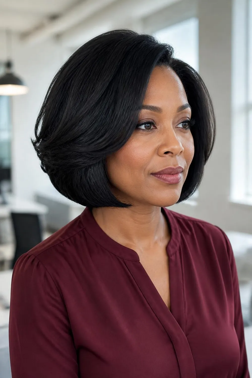 Feathered relaxed bob with soft bumped ends and a side part