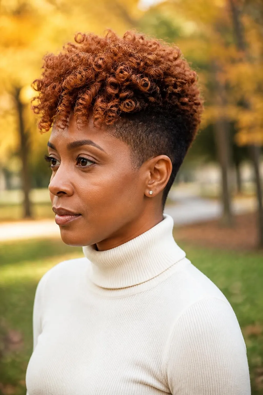 Copper colored coils on top of a tapered natural cut with dark sides