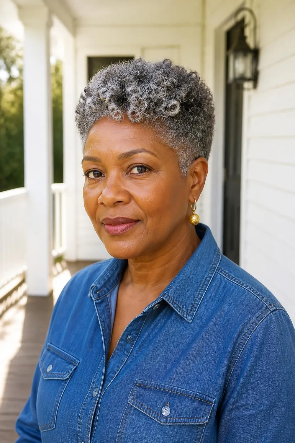 Natural silver coils on a short tapered cut for a Black woman in her late 50s