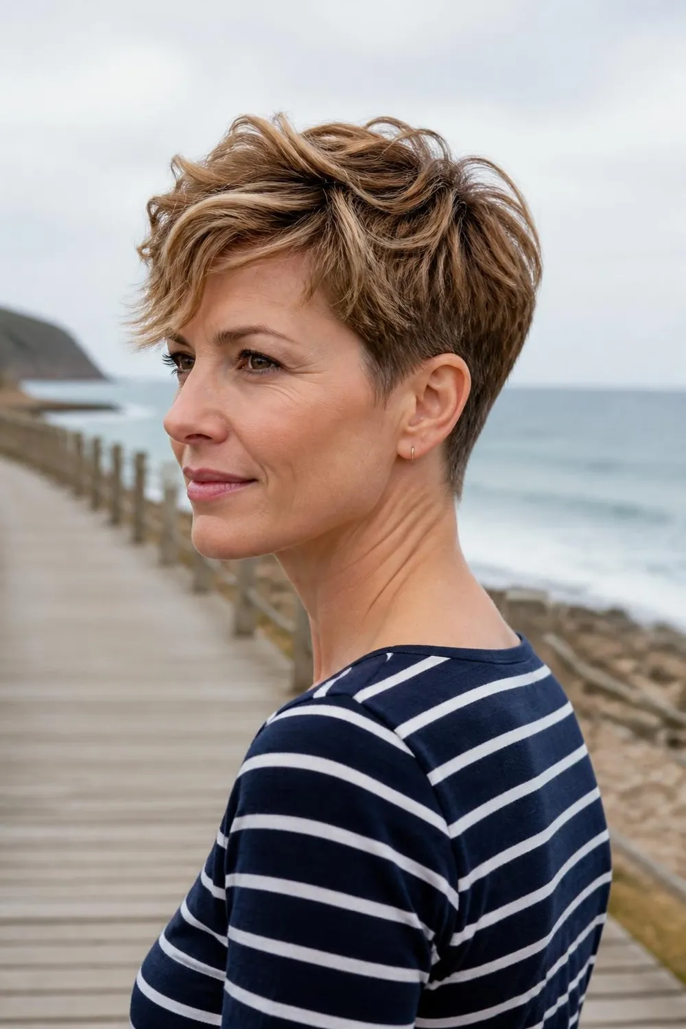 Wavy pixie with a long textured top and tapered sides for 2A to 2C waves