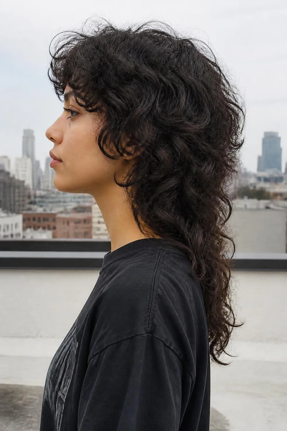 Curly wolf cut with a shaggy crown and longer nape curls for 3A to 3B hair