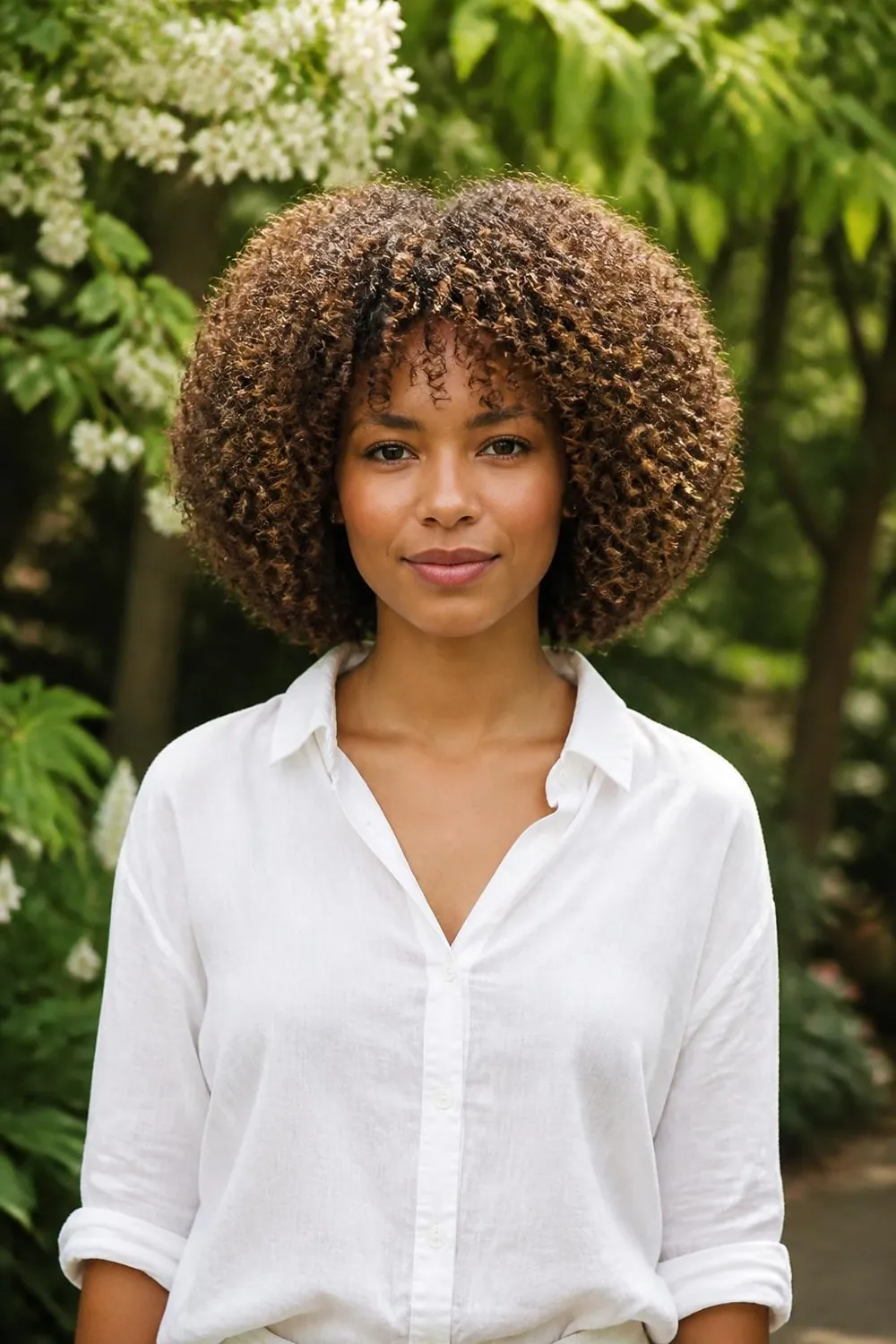 Round-cut curly bob shaped into a soft globe for 3B curls