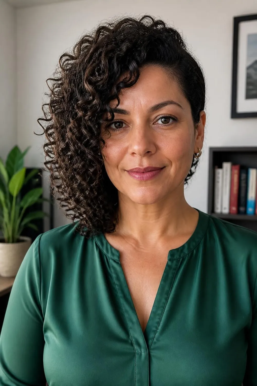 Deep-side curly bob with 3B curls swept heavily to one side