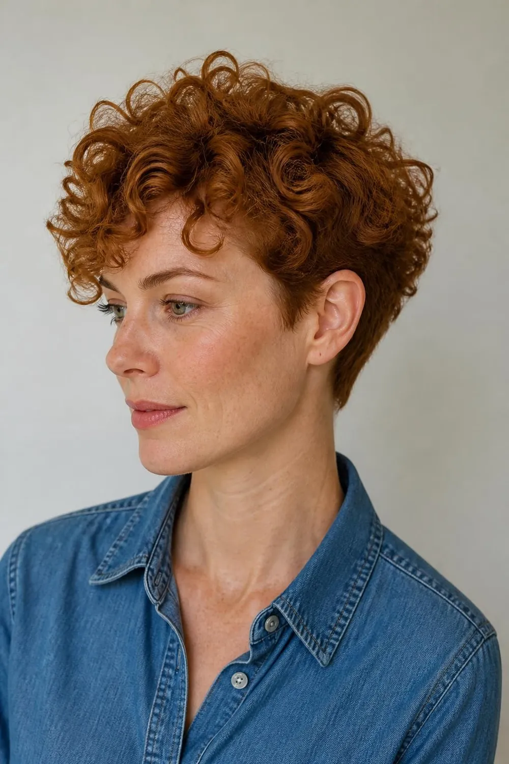 Long curly pixie with loose 3B curls on top and a tapered nape