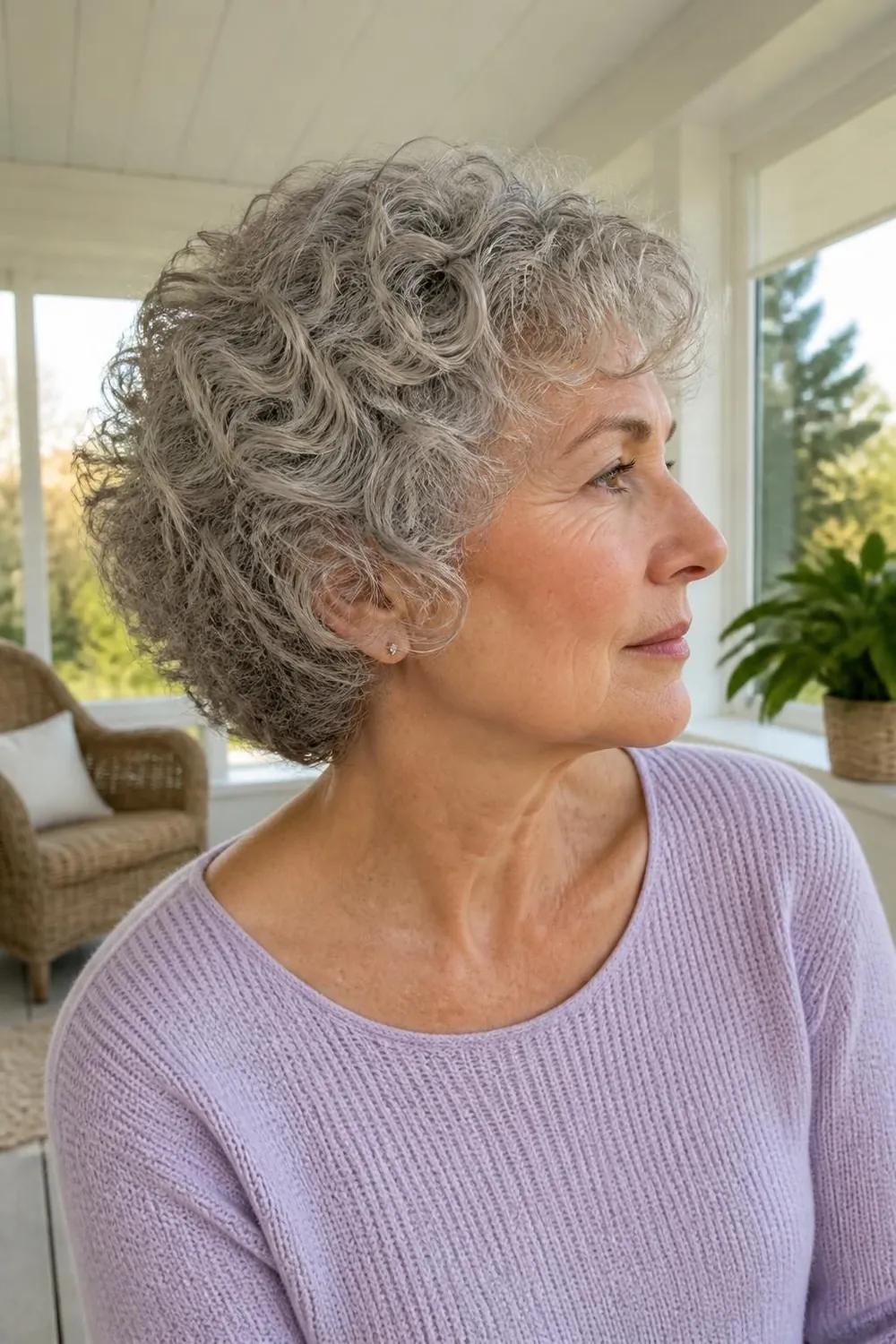 Silver curly crop with soft rounded curls for women over 60 with gray hair