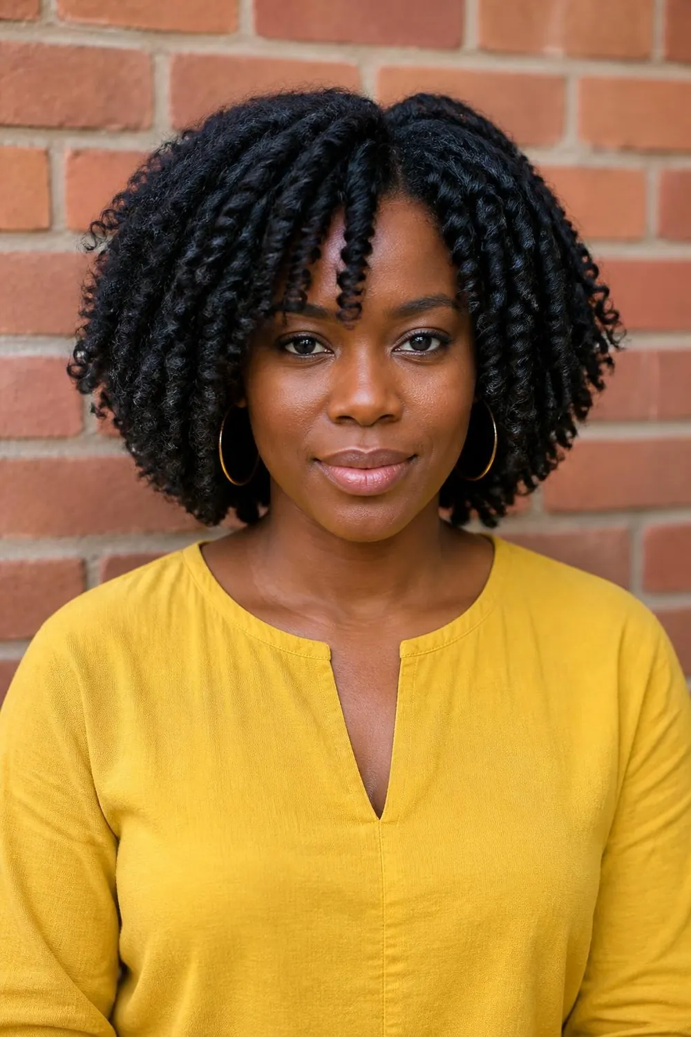 Twist-out bob with stretched defined coils at chin length for 4A hair