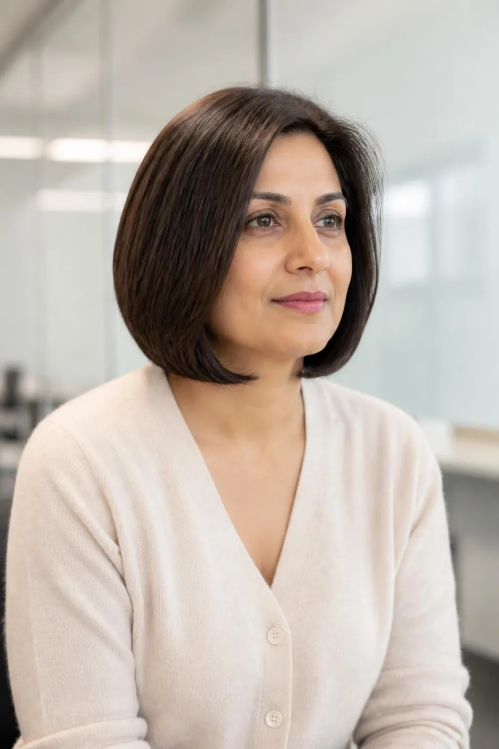 Beveled bob with ends curved under at the jaw for oval faces with straight hair