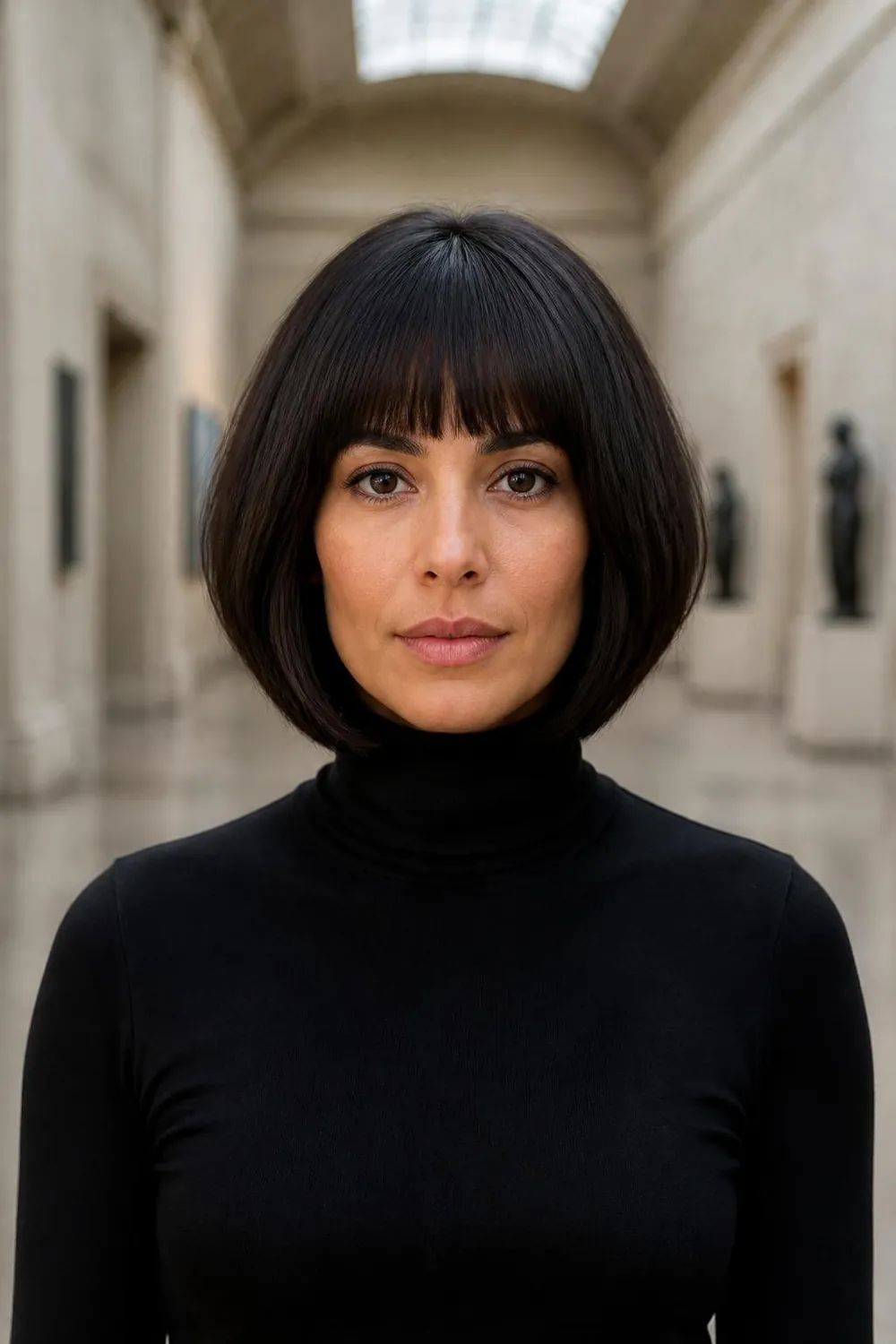 Soft pageboy with a rounded shape and brow-length bangs for long oval faces