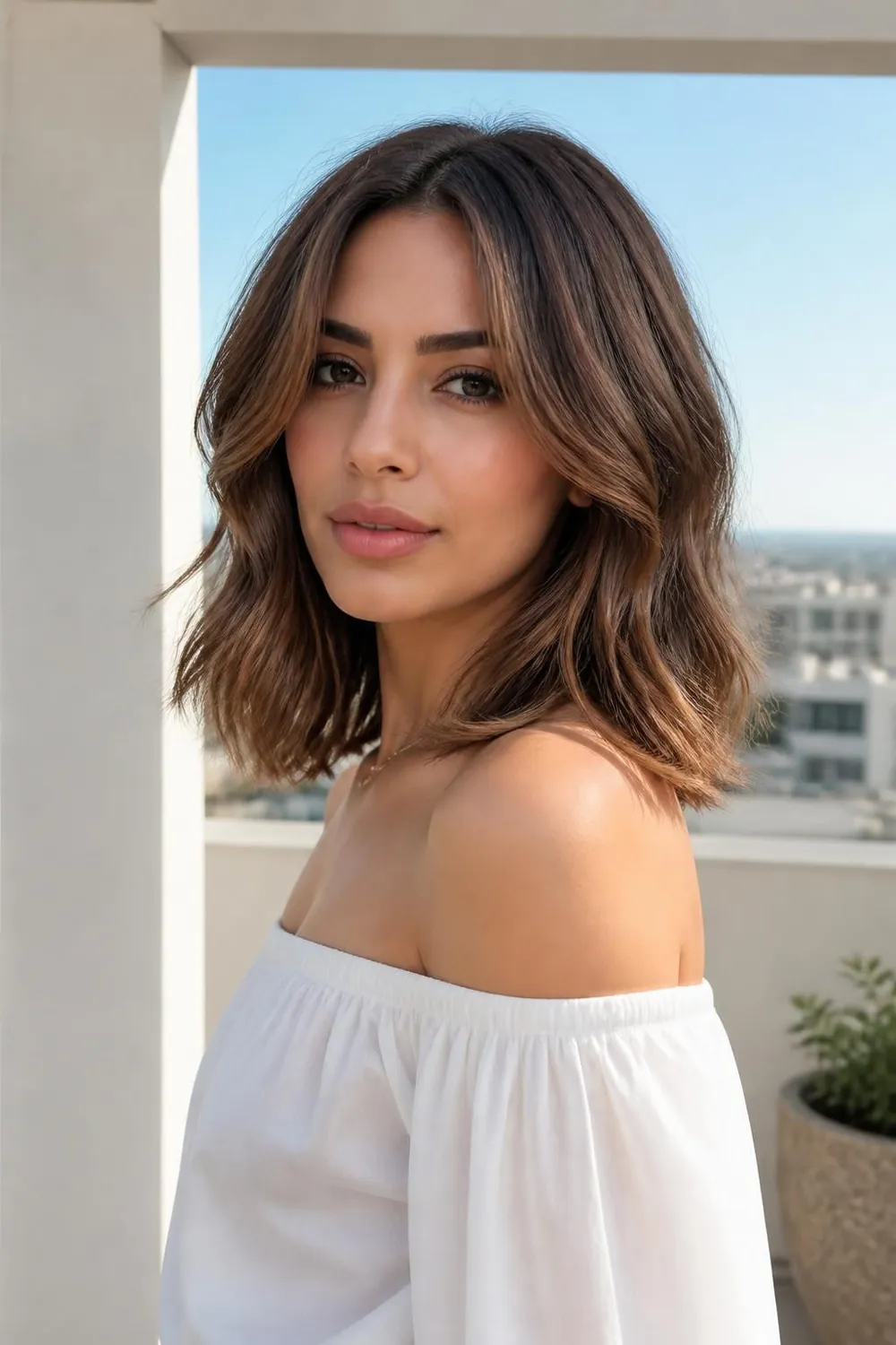Medium-short lob with soft layers grazing the collarbone for oval faces