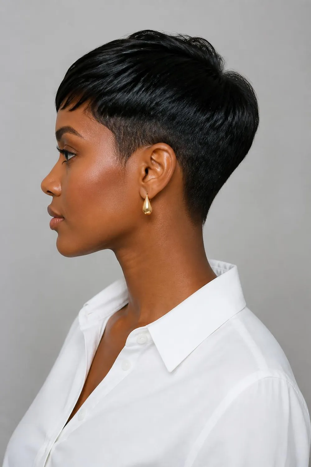 Polished pixie with a smooth top and clean tapered nape for oval faces