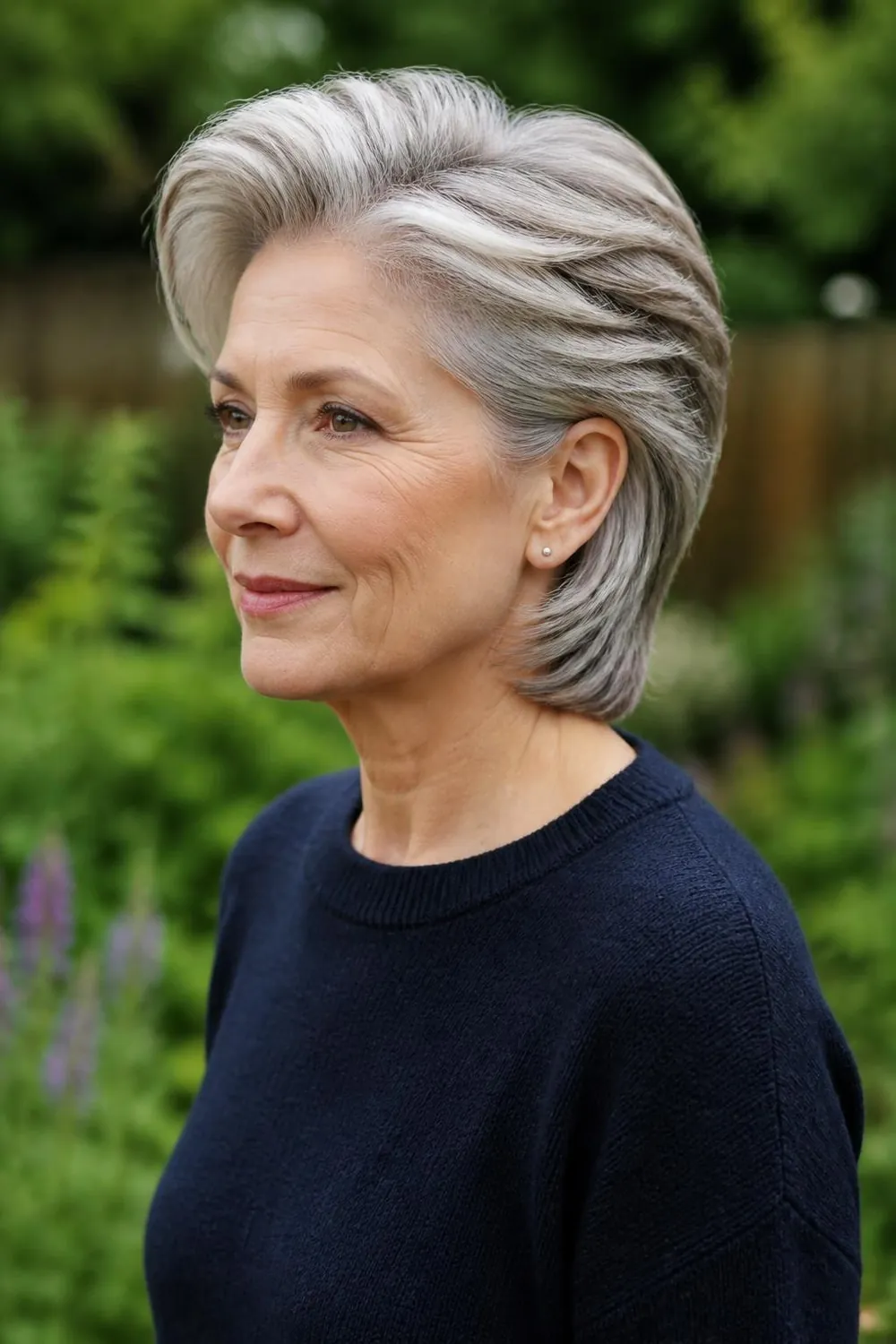 Brushed-back layered short cut with soft volume for oval faces over 60