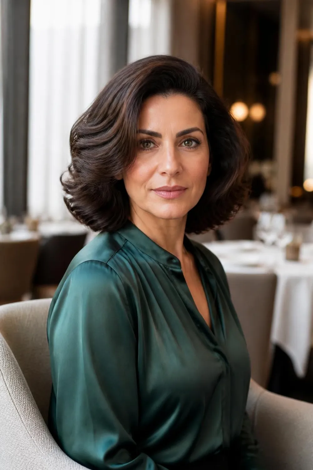 Brushed-out wavy bob with soft glamorous waves and a side part for oval faces