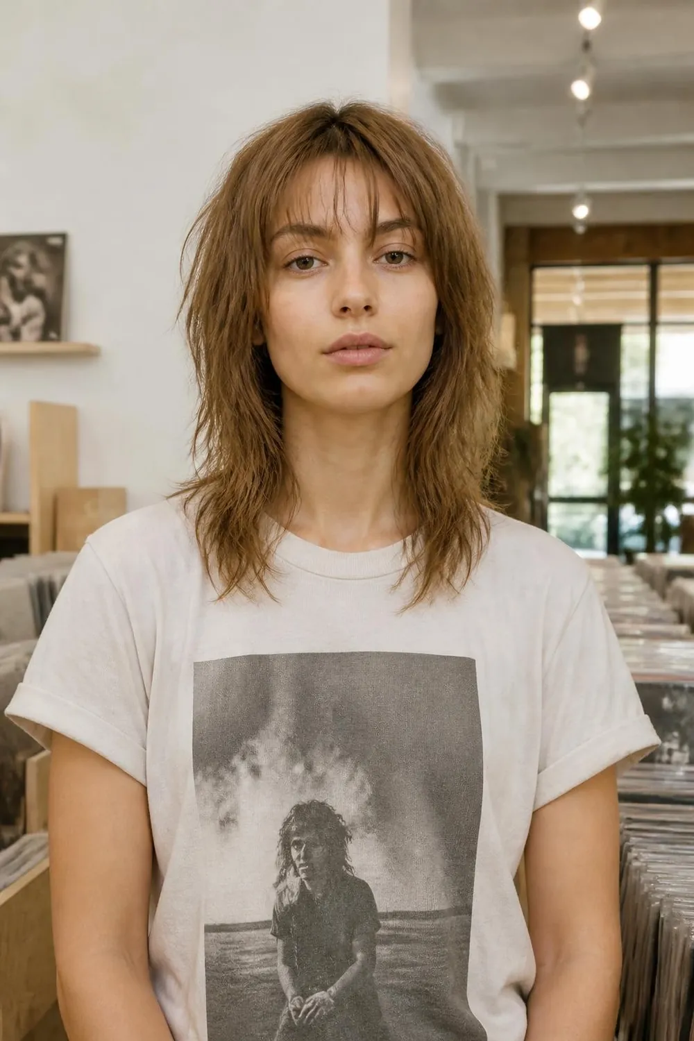 Wispy-fringe shag with choppy layers and see-through bangs for oval faces
