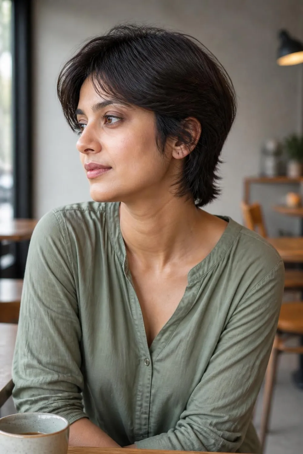 Grown-out pixie with soft shaggy layers over the ears for oval faces
