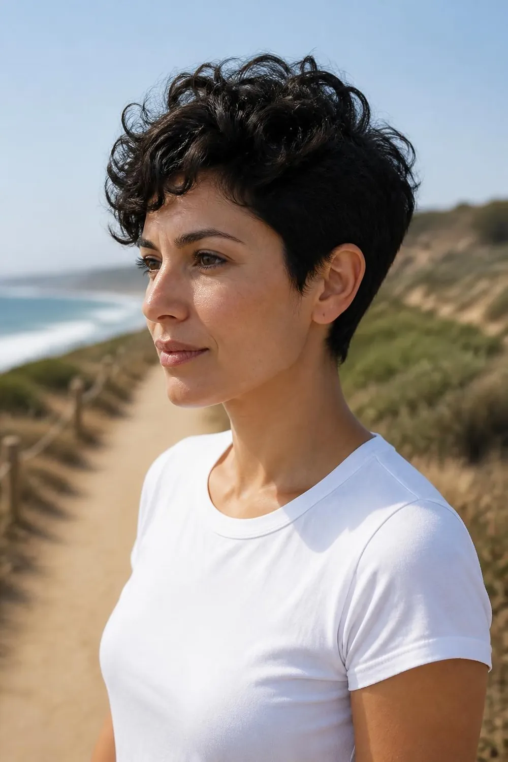 Messy wavy crop with short natural waves on top and closer sides for oval faces