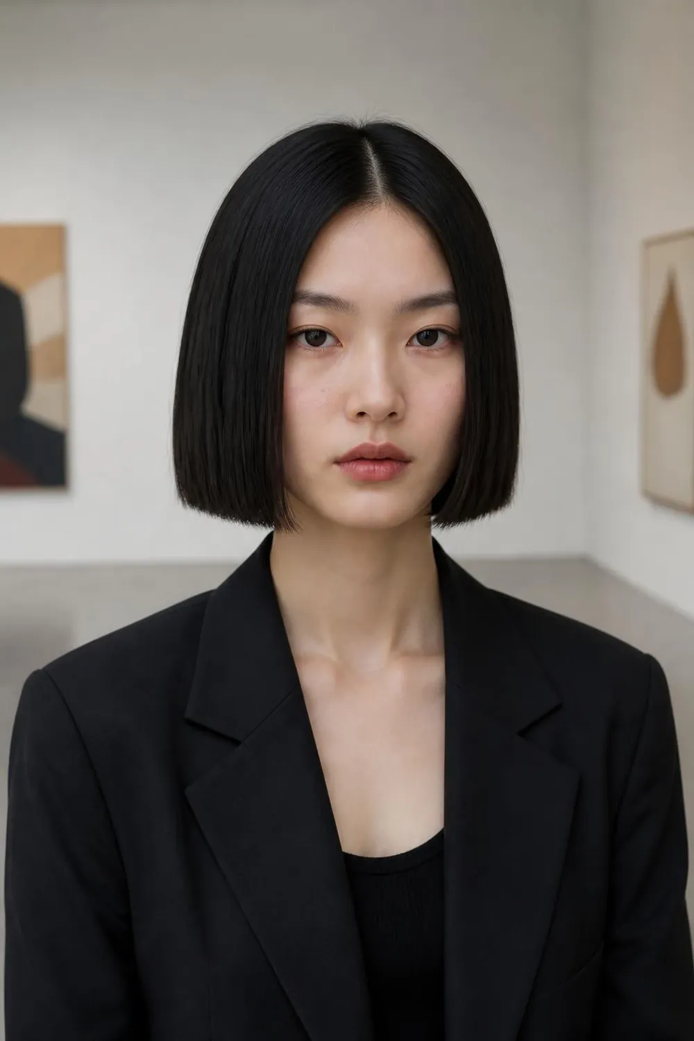 Box bob cut blunt and square with sharp corners, a bold choice for oval faces