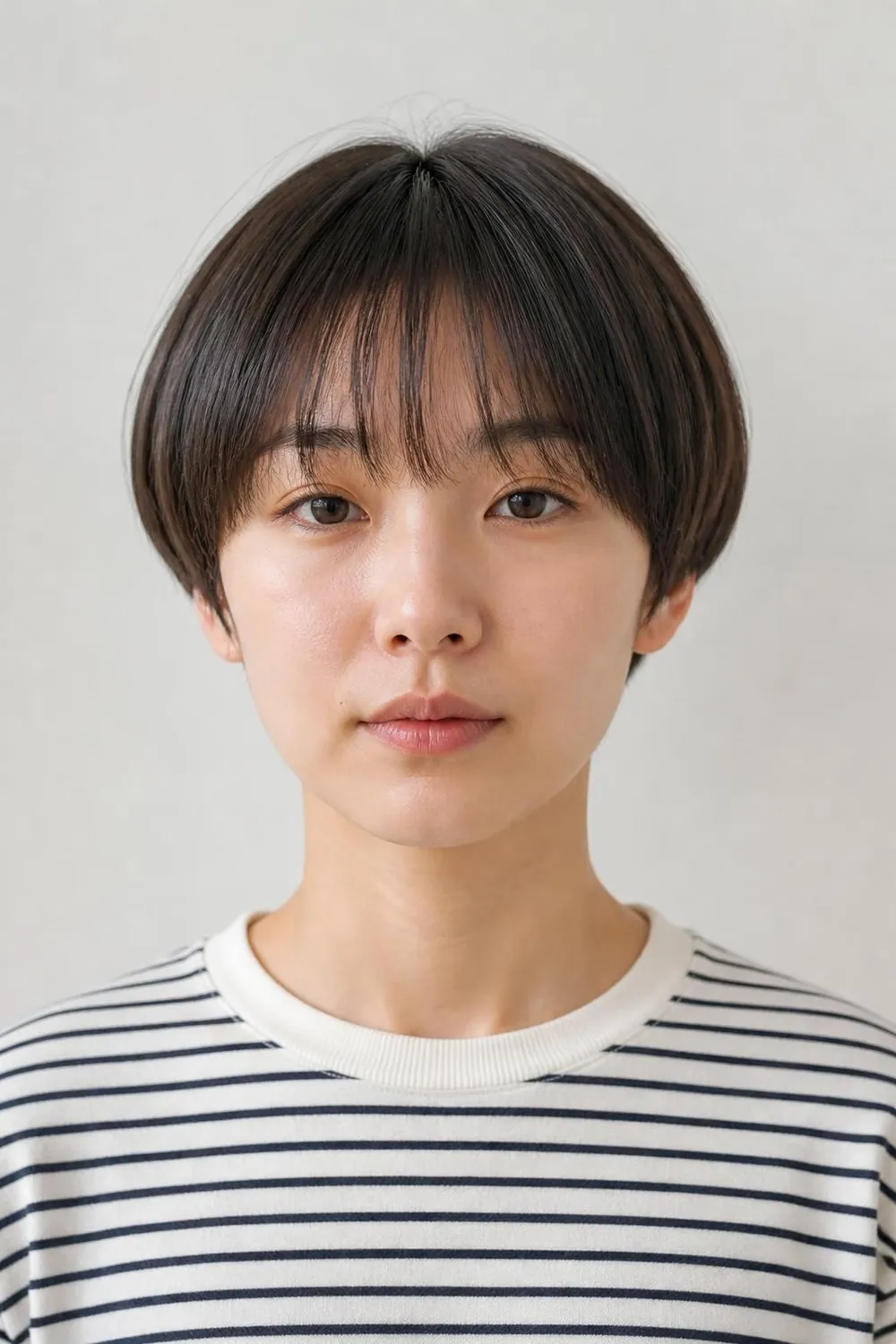 Modern bowl cut with a rounded blunt line above the ears for oval faces