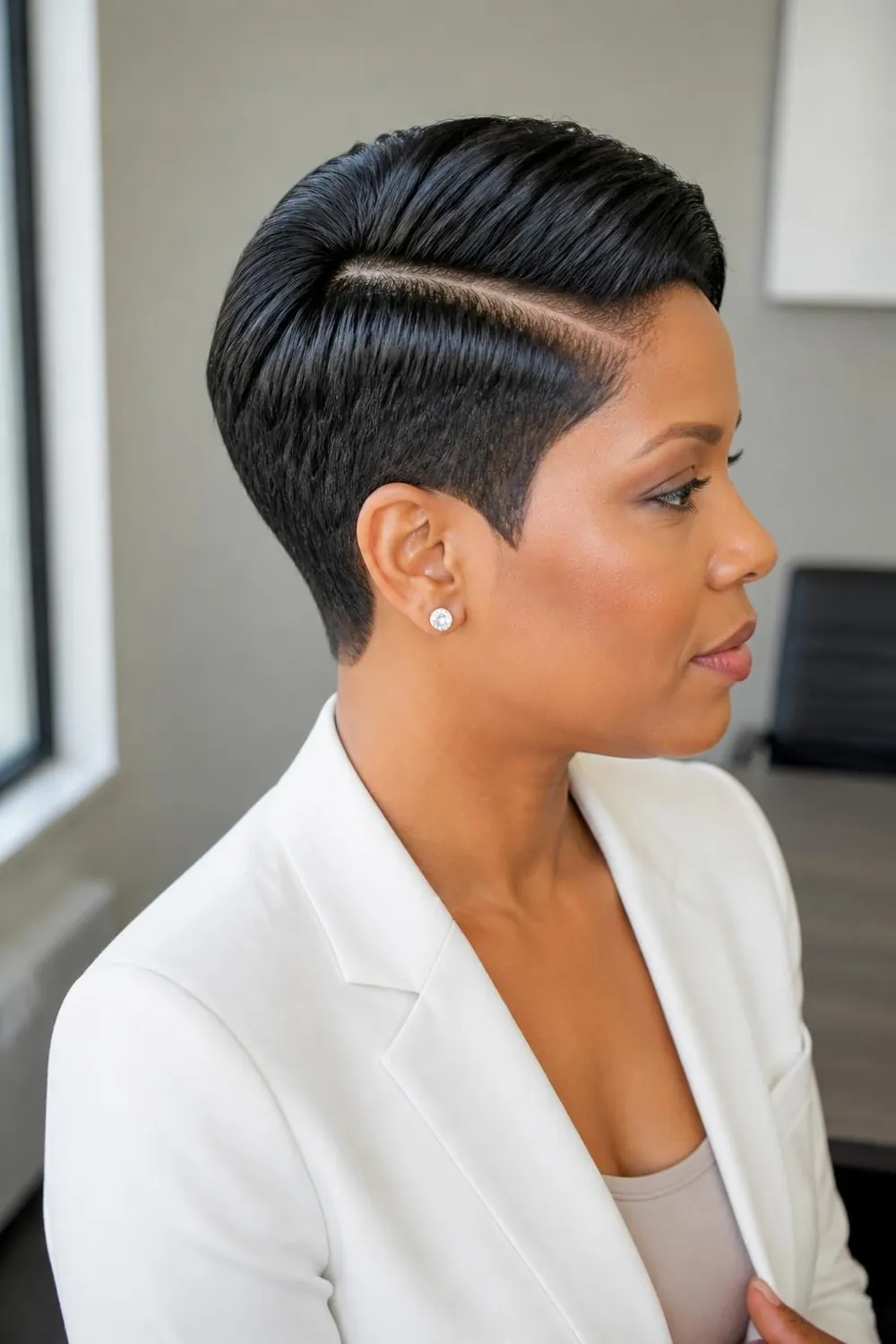 Pixie with a shaved hard part line on one side for oval faces
