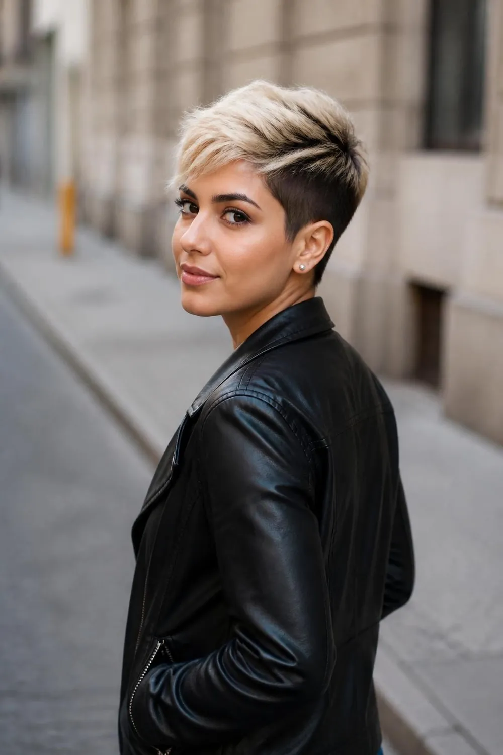 Color-blocked pixie with a bleached top and dark sides for oval faces