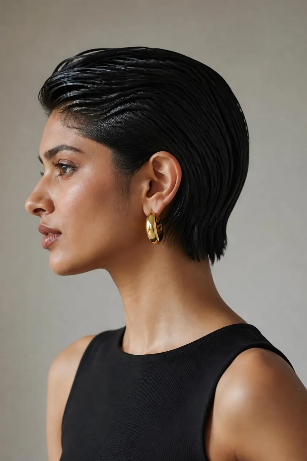 Wet-look crop with glossy slicked short hair for oval faces with strong features