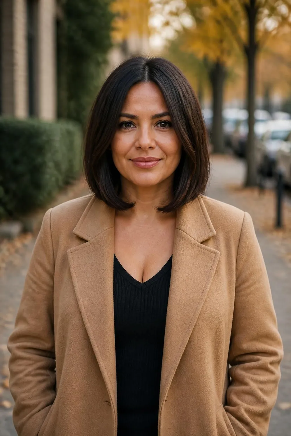Collarbone lob with long face-framing layers starting below the chin for round faces