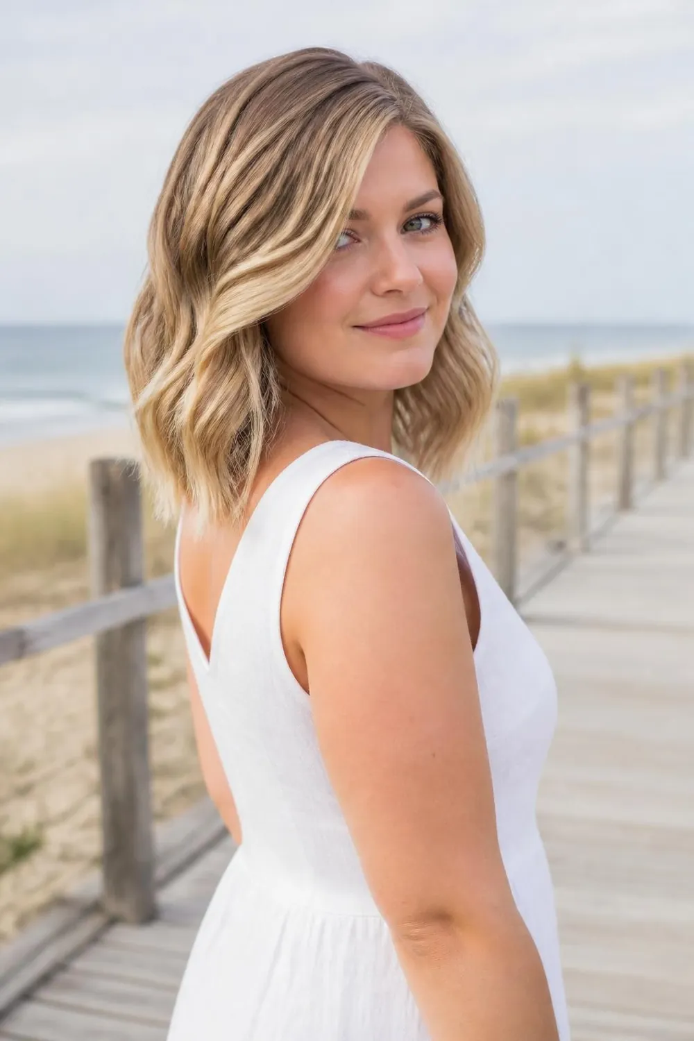 Beach-wave lob with loose bends and a deep side part, flattering a round face