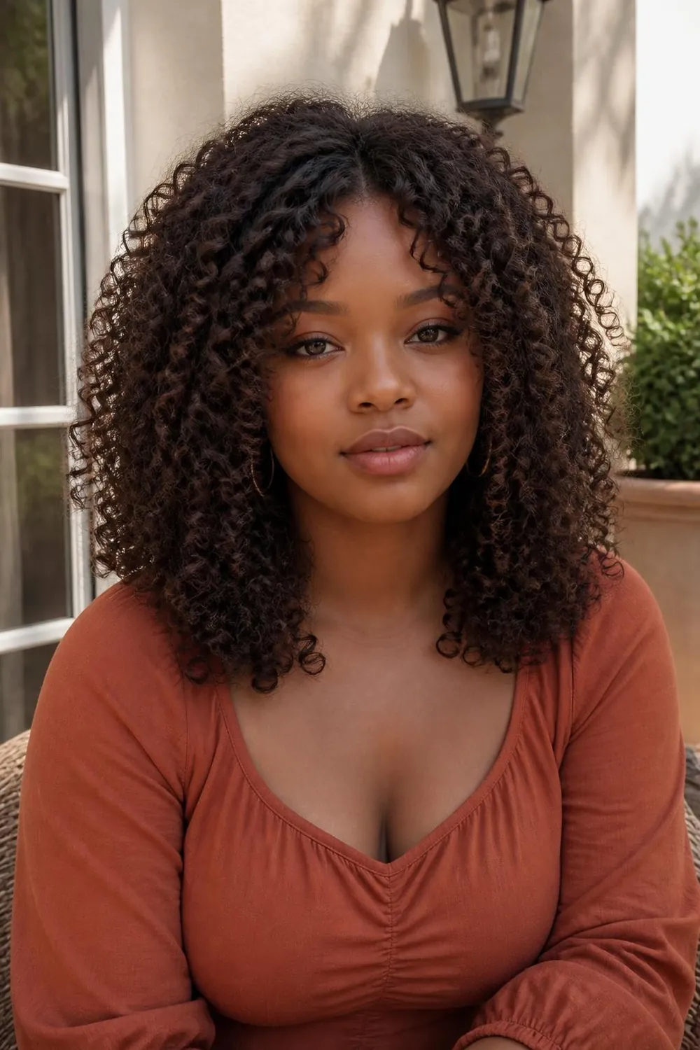 Curly lob with long layers and crown volume for round faces with curly hair