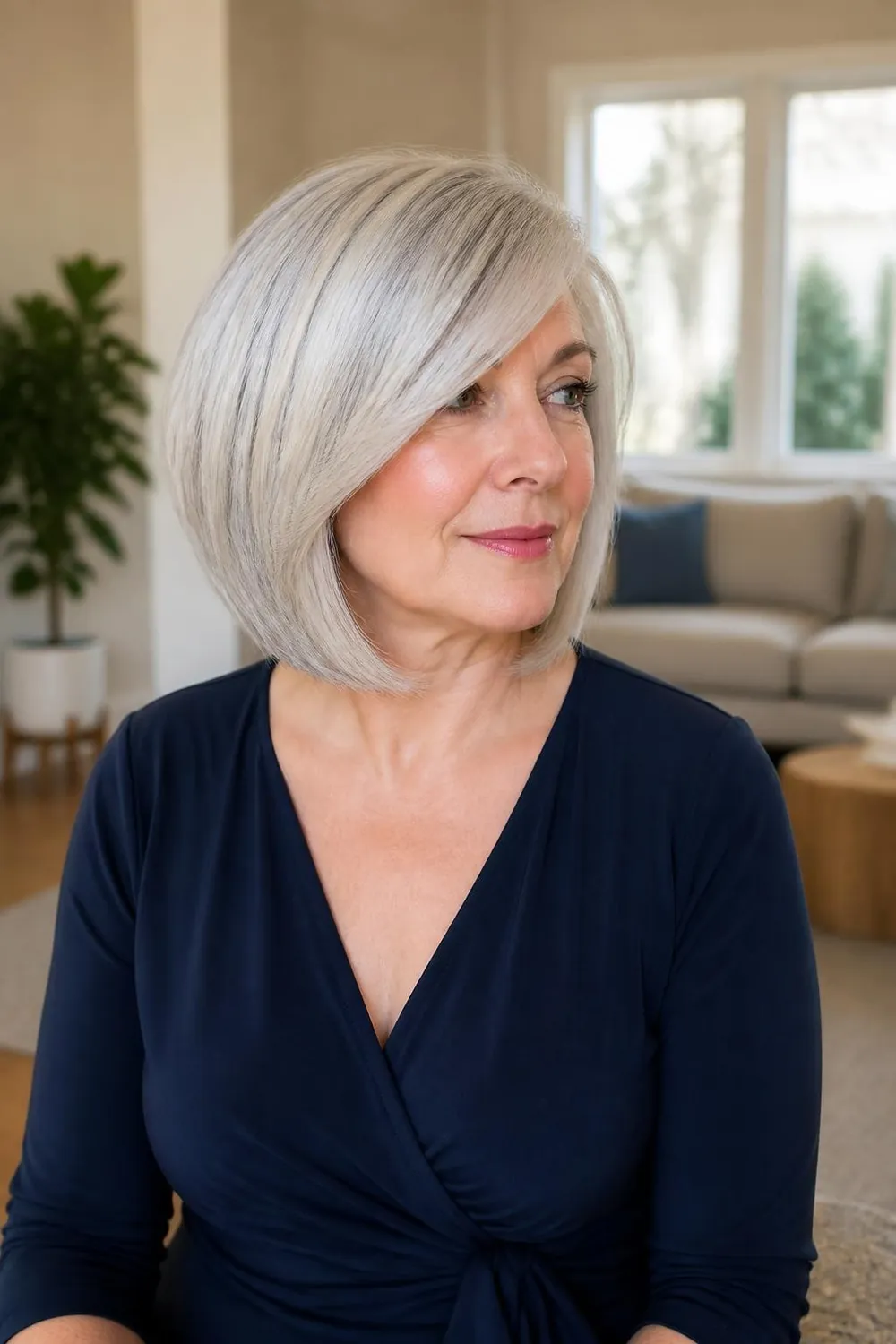 Silver lob with a deep side part and soft sweep for round faces over 50