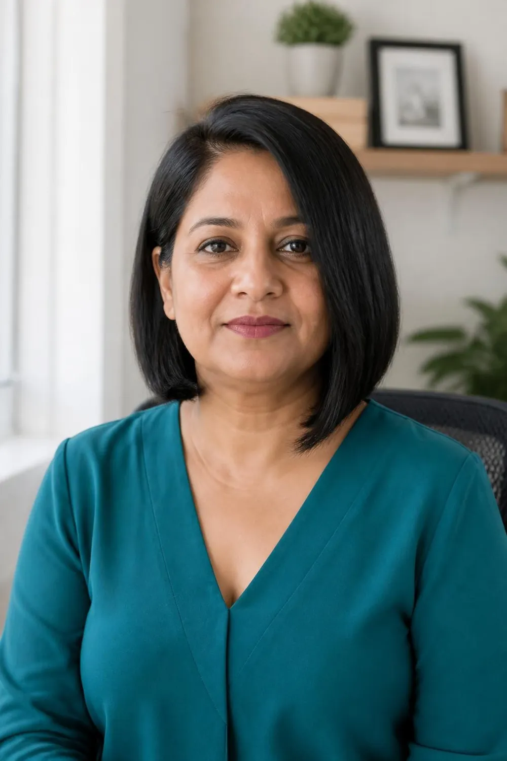Deep side-part bob ending below the chin, a classic short cut for round faces
