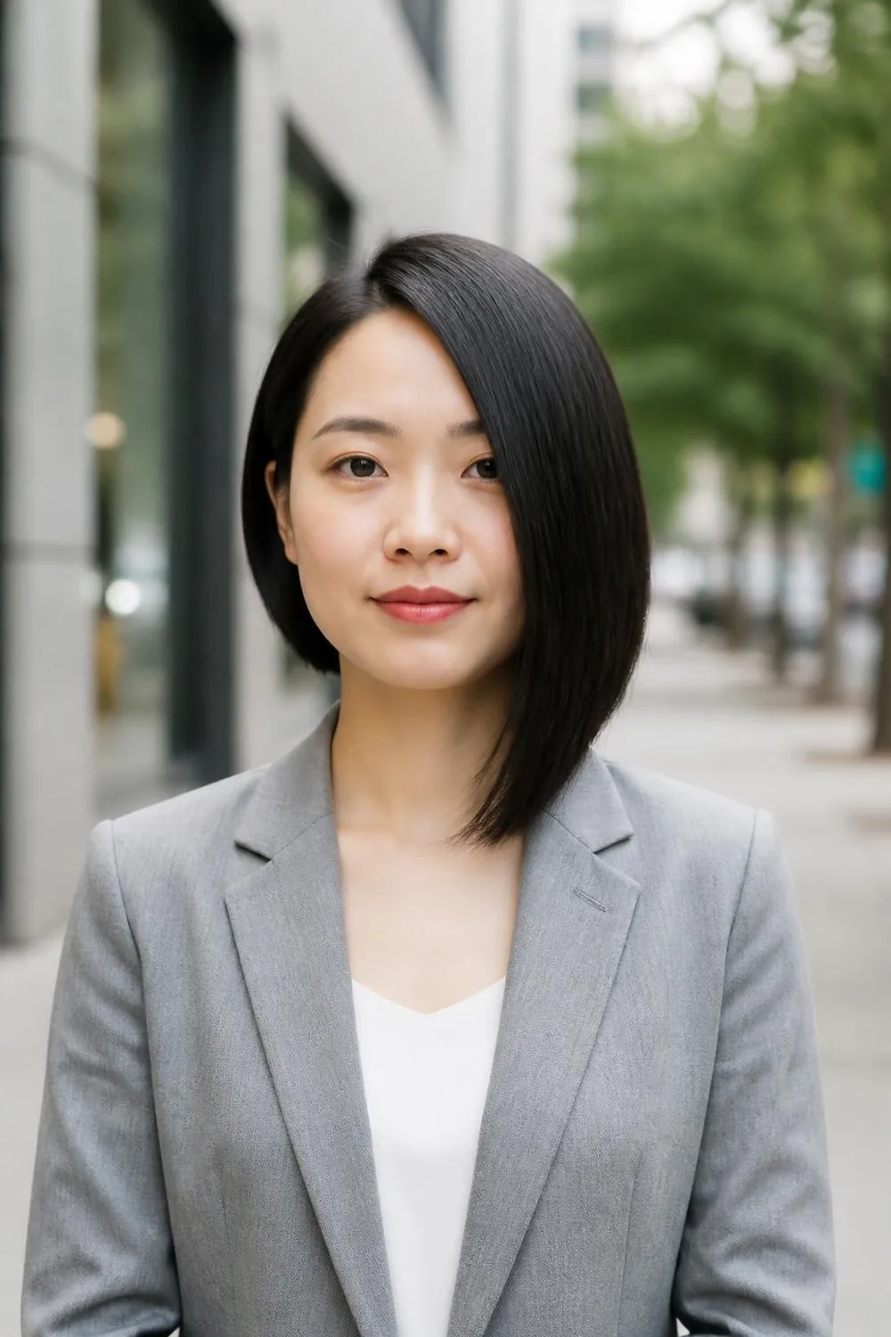 Asymmetrical bob with one side longer than the other for round faces and straight hair