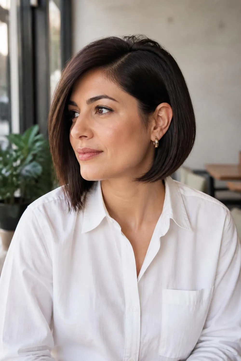 Tuck-behind-the-ear bob showing the jawline on one side for round faces