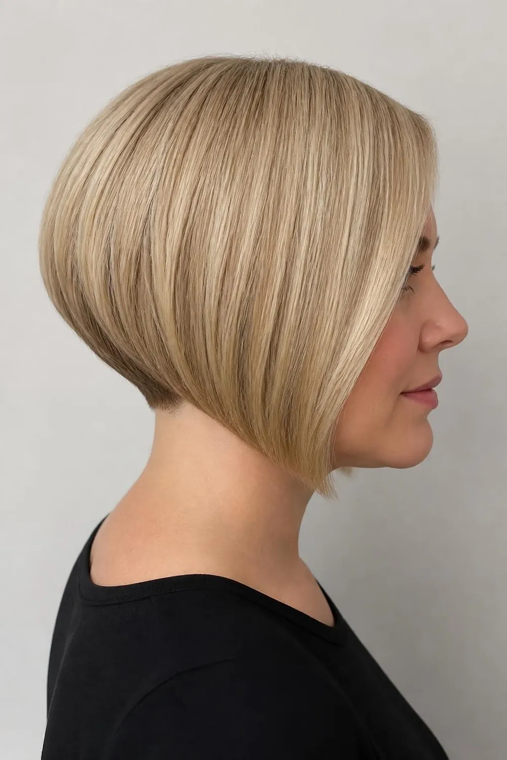 Concave bob curving longer at the front with a stacked back for round faces