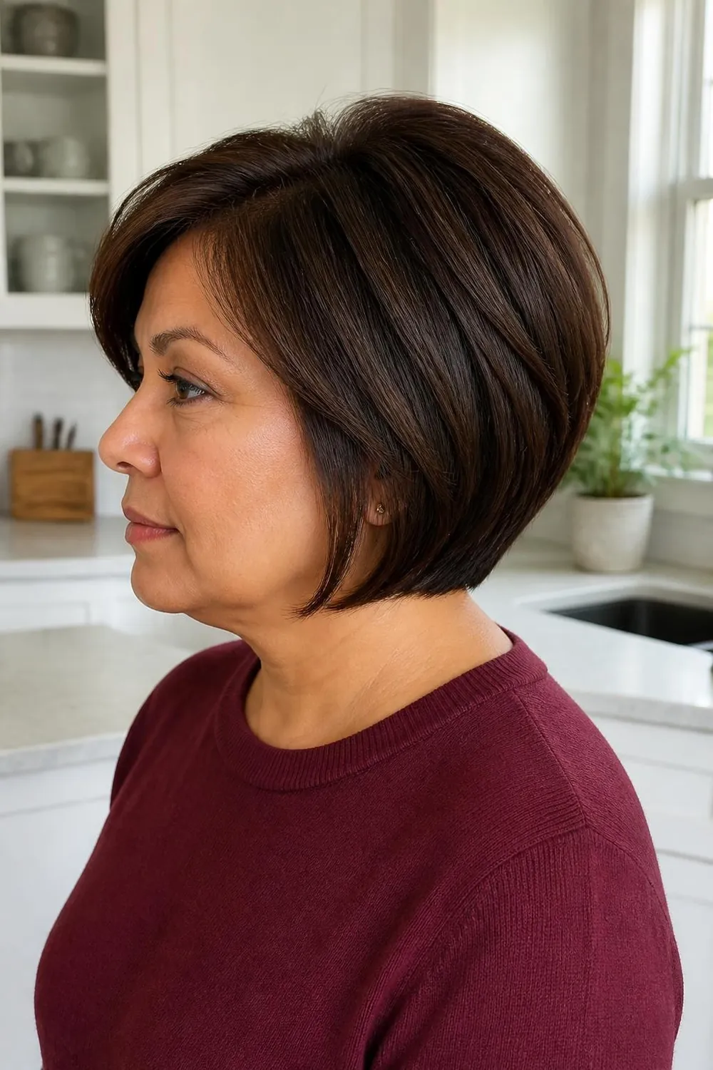 Graduated bob with a lifted crown and close sides for round faces with fine hair