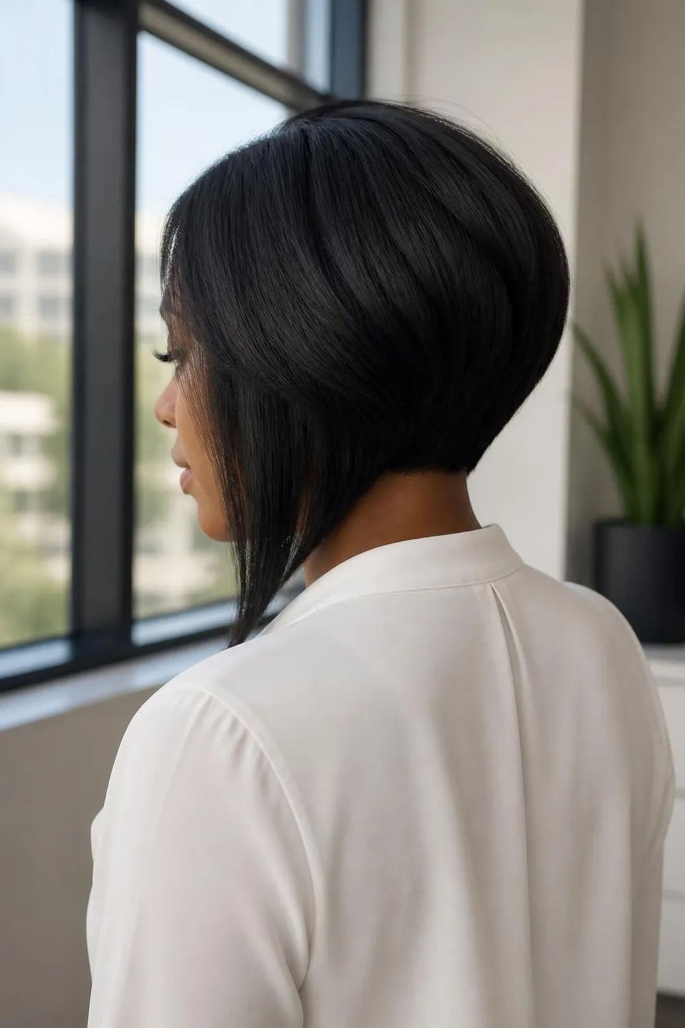 Stacked bob from the back with a short nape and long front corners for round faces