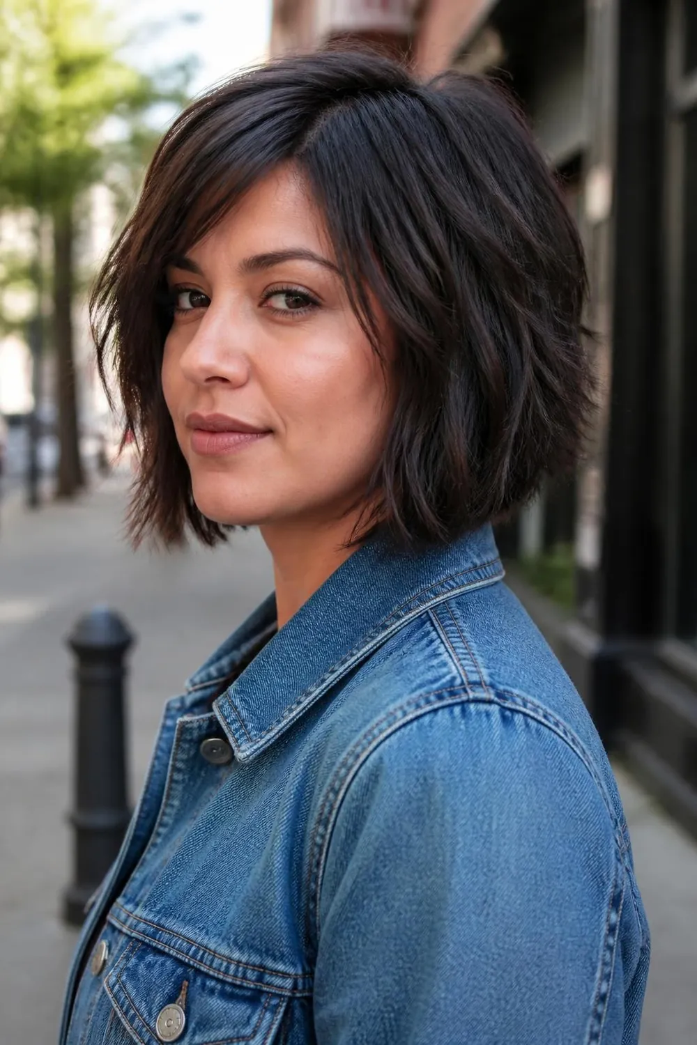 Razor-cut choppy bob with broken uneven ends, angular and flattering on round faces