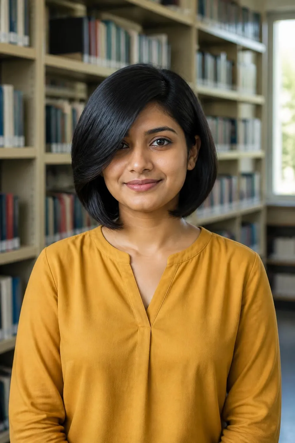 Below-chin bob with a long side-swept fringe angled across the forehead for round faces