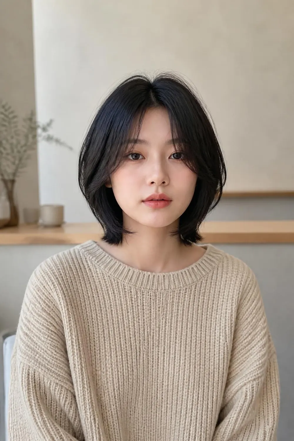Short hush cut with soft wispy layers hugging the face for round faces