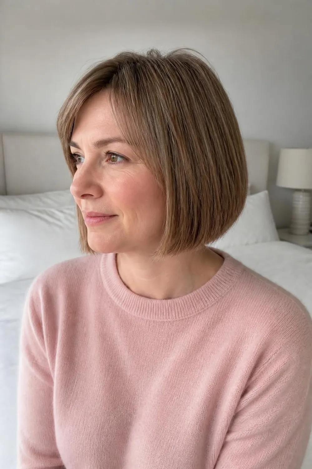 Feather-light layered bob ending below the chin for round faces with thin hair