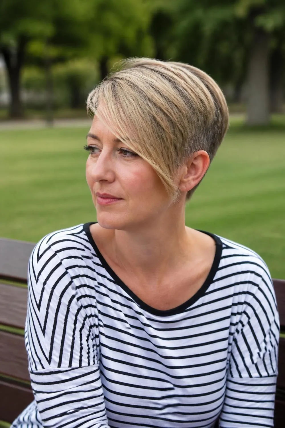 Long pixie with a sweeping fringe falling to the cheekbone, suited to round faces