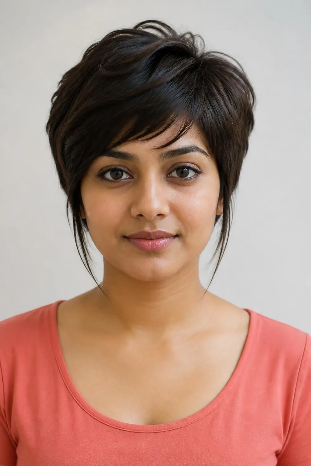Pixie with long wispy temple pieces in front of the ears for round faces