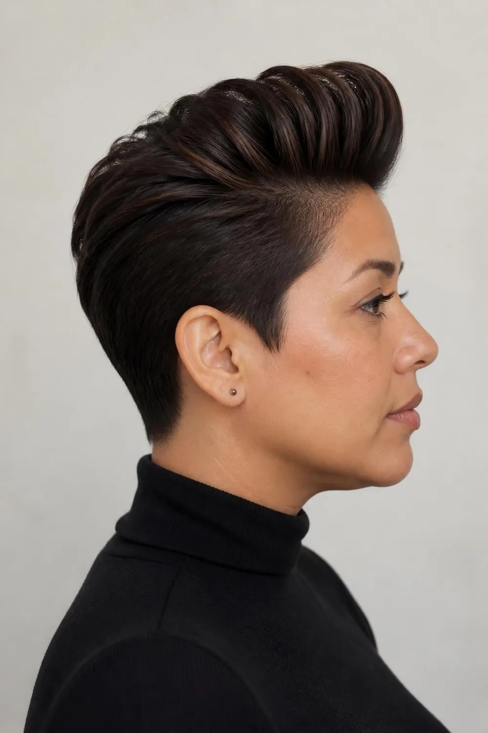Pompadour pixie with height brushed up at the front for round faces
