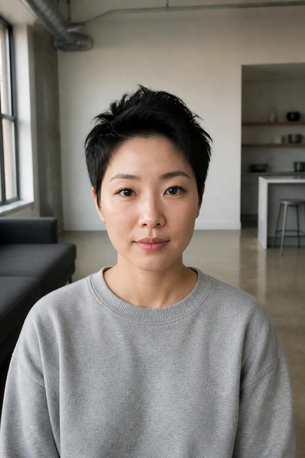 Soft faux hawk pixie with height through the center for round faces
