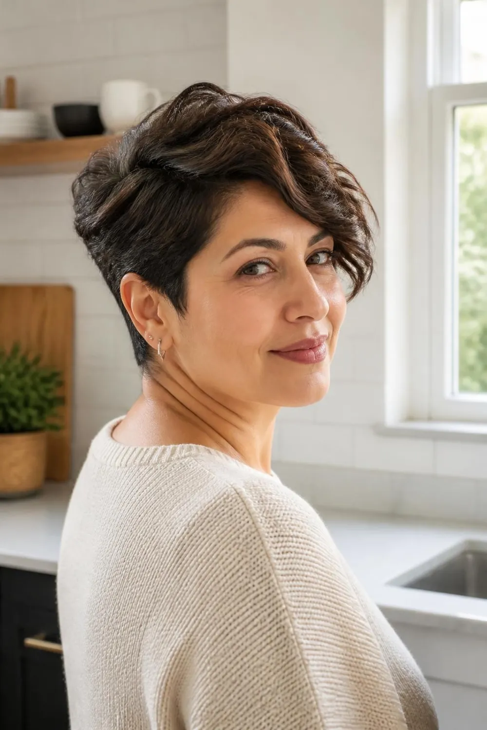 Tousled side-part pixie with messy texture on top for round faces and wavy hair