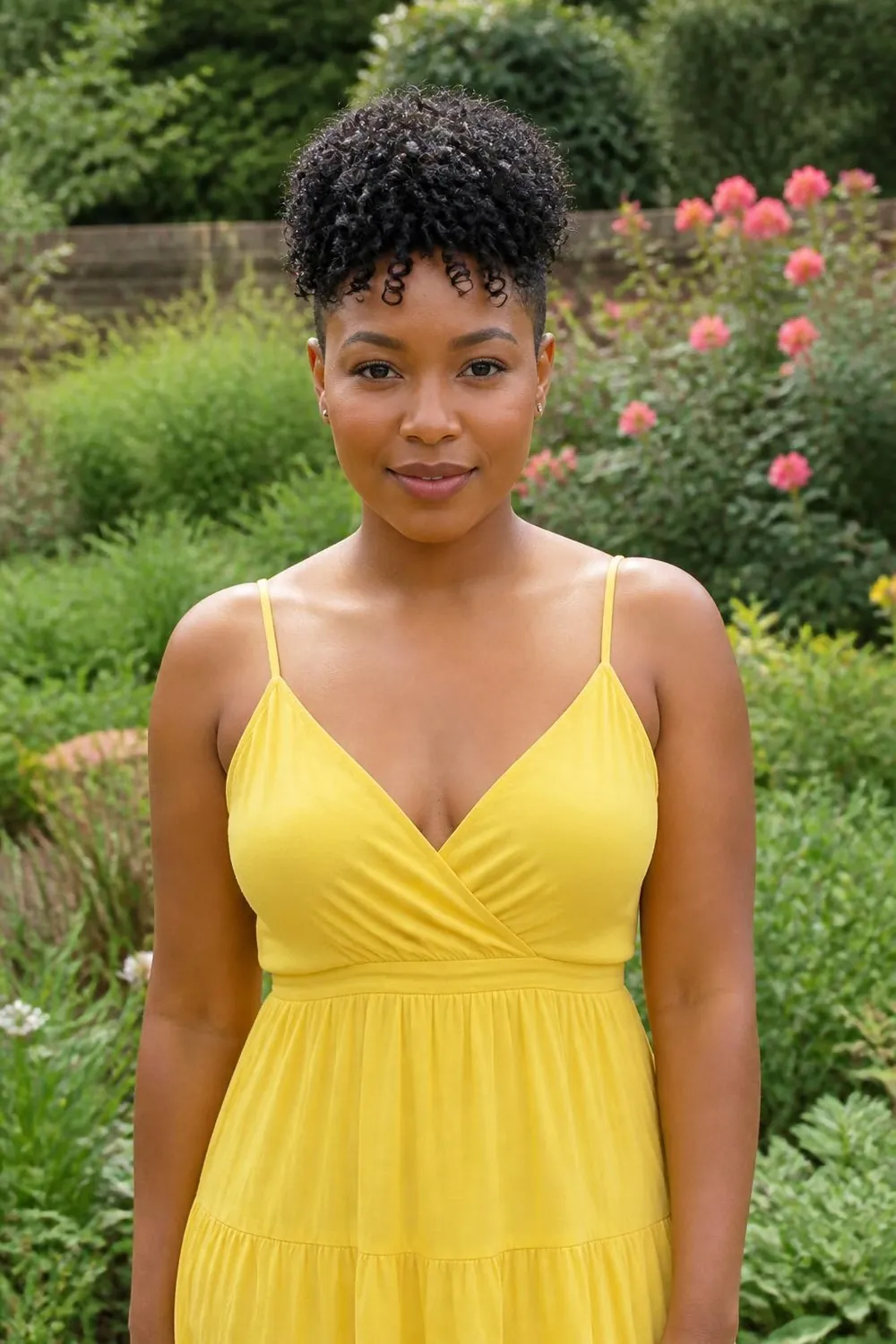 Curly pixie stacked high with short tapered sides, great for round faces with curls